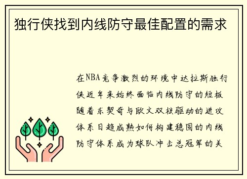 独行侠找到内线防守最佳配置的需求