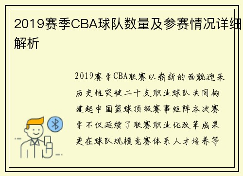 2019赛季CBA球队数量及参赛情况详细解析