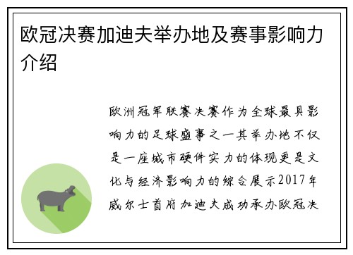 欧冠决赛加迪夫举办地及赛事影响力介绍